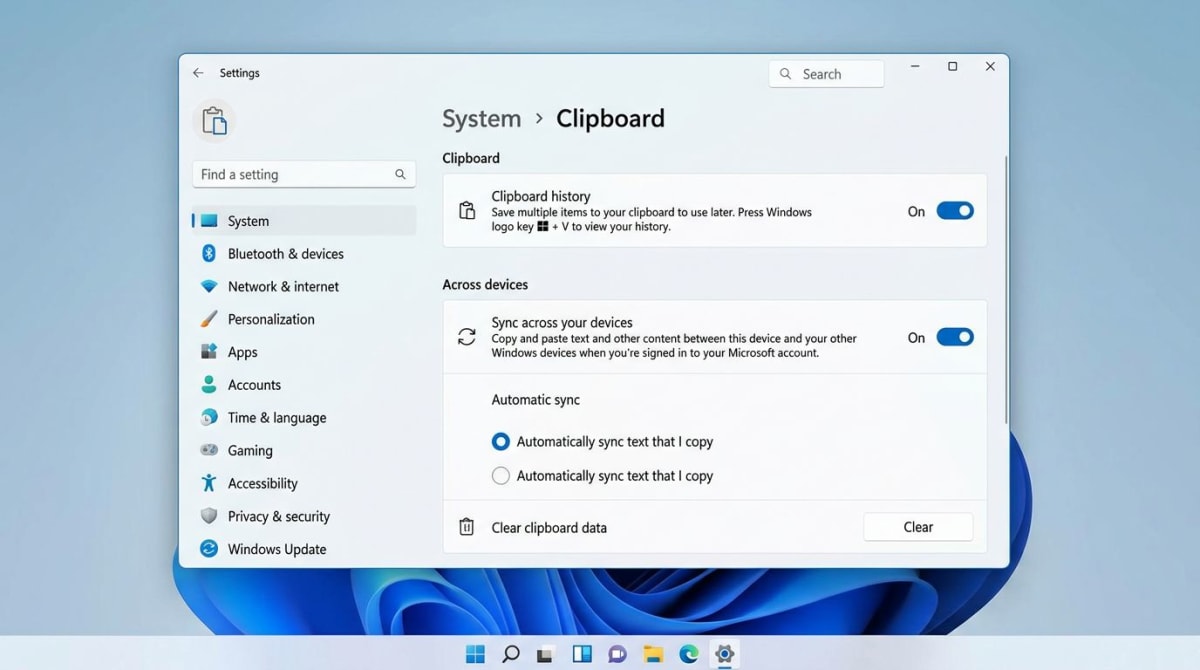 Windows 11 Clipboard settings page with toggles enabled