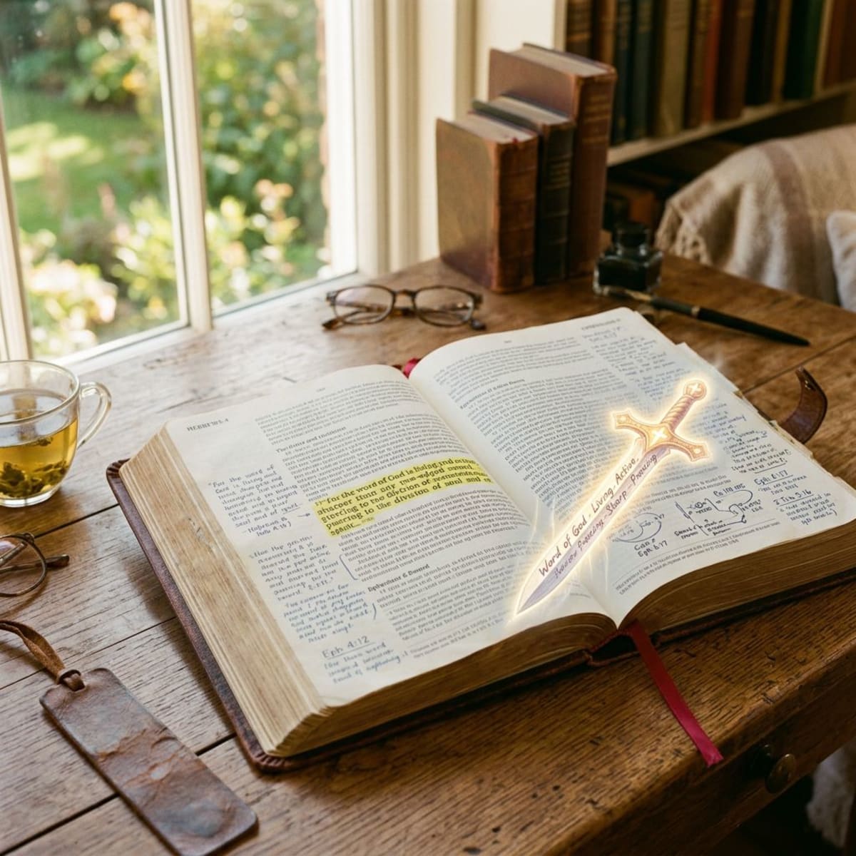 Open Bible with highlighted text and study notes in margin