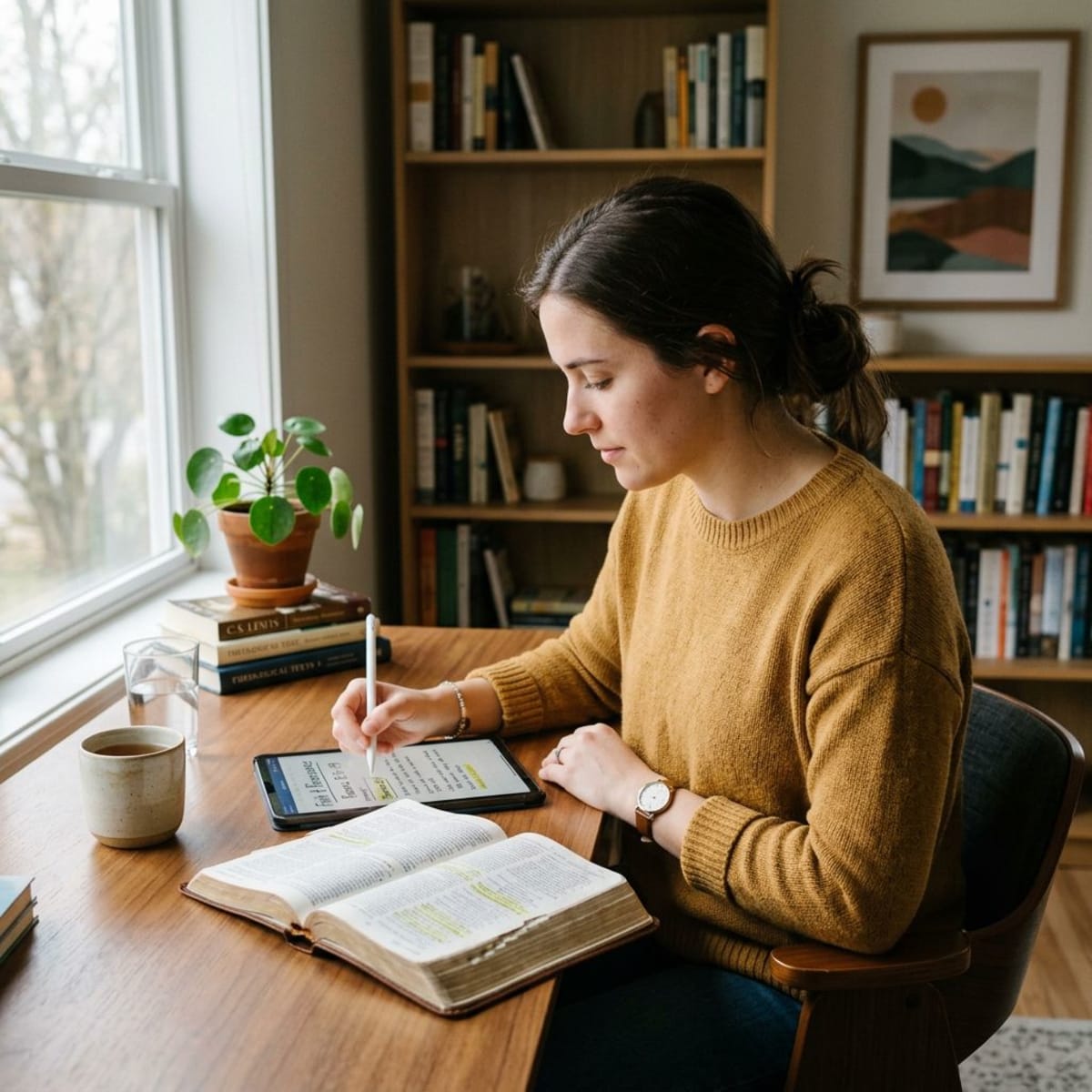 Person reading Bible and taking digital notes on tablet in modern study setup