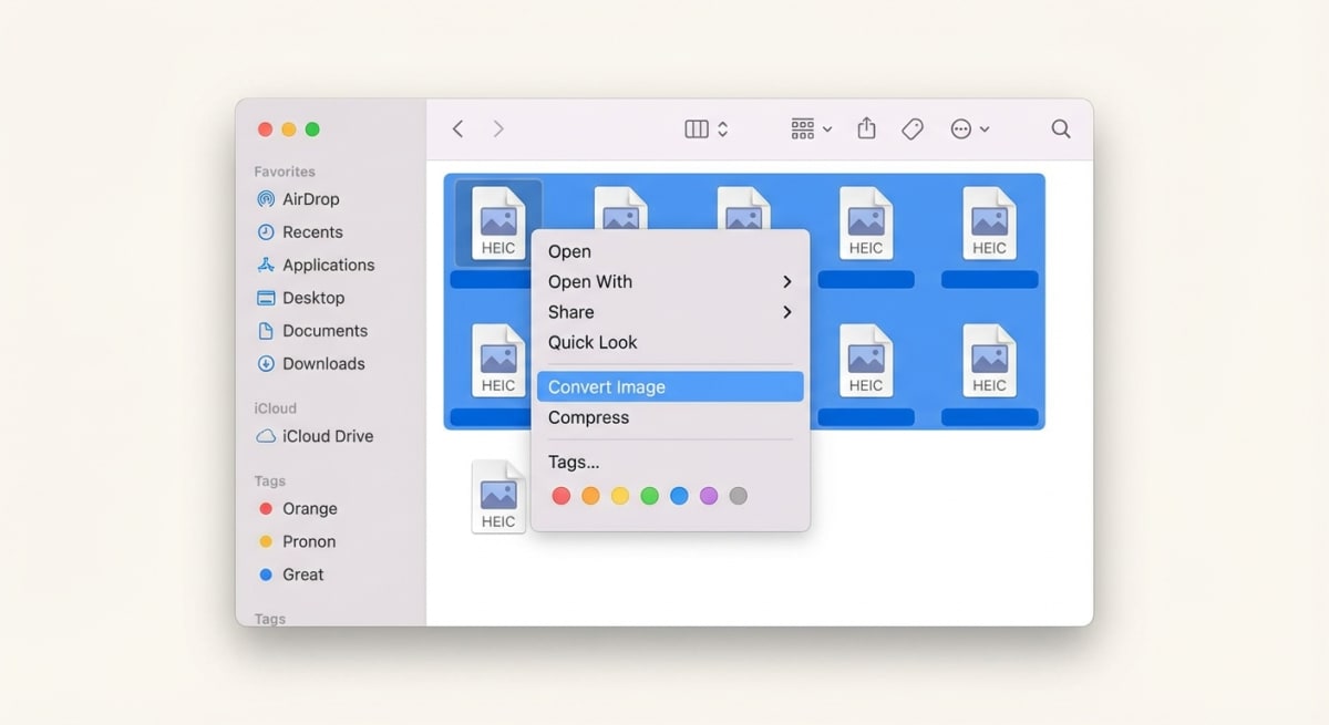 Finder Quick Actions menu showing the Convert Image option for HEIC files