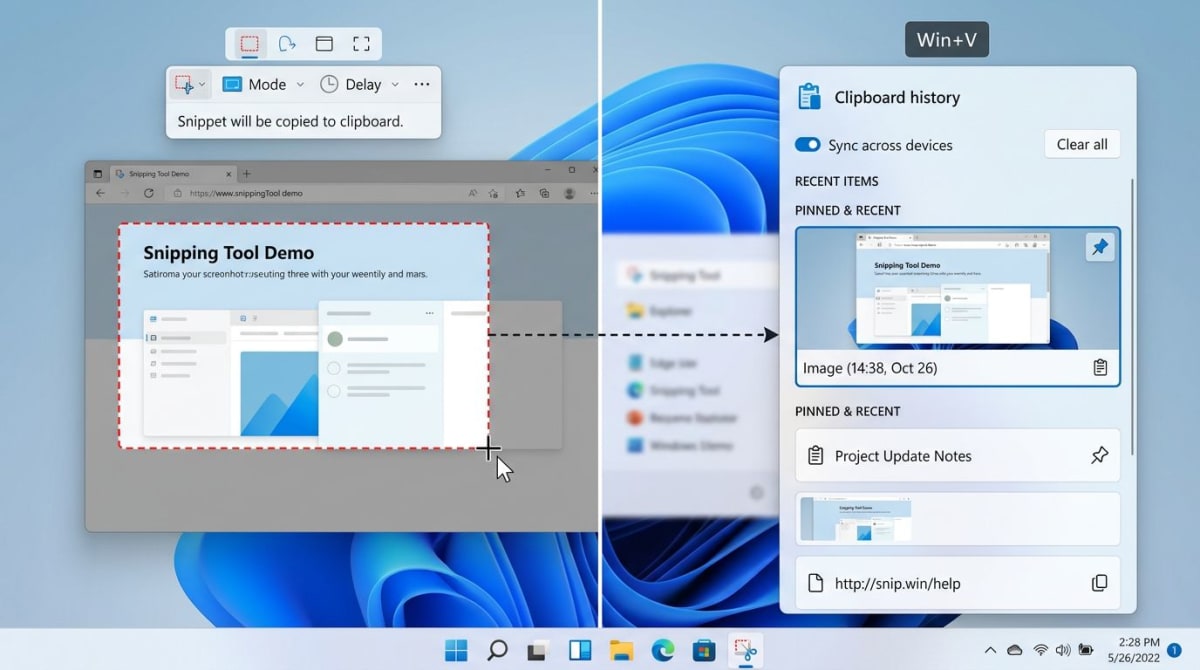 Split view of Snipping Tool capture and clipboard history with pinned screenshot