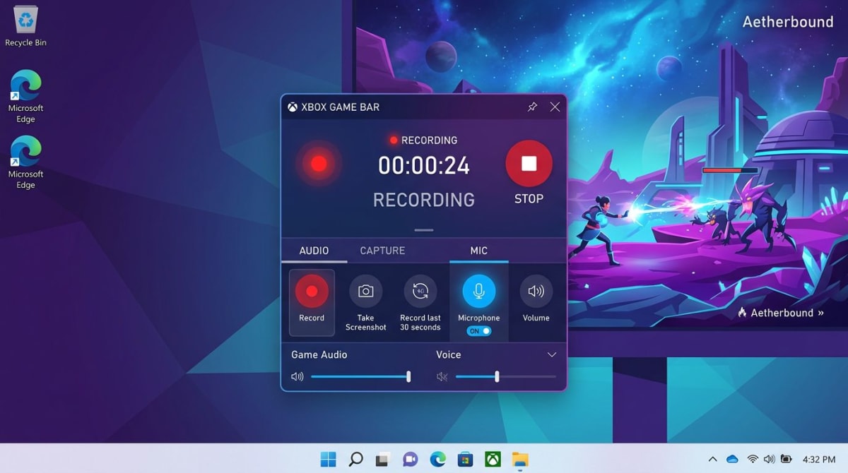 Xbox Game Bar recording overlay on Windows 11