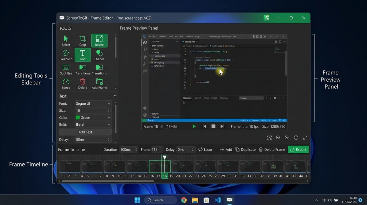 ScreenToGif frame editor on Windows