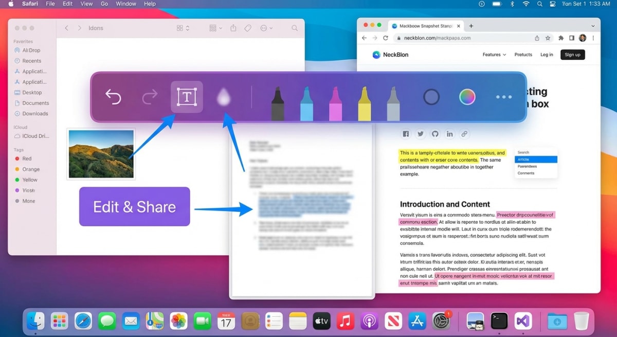 Annotation tools including arrows, blur, and text overlays