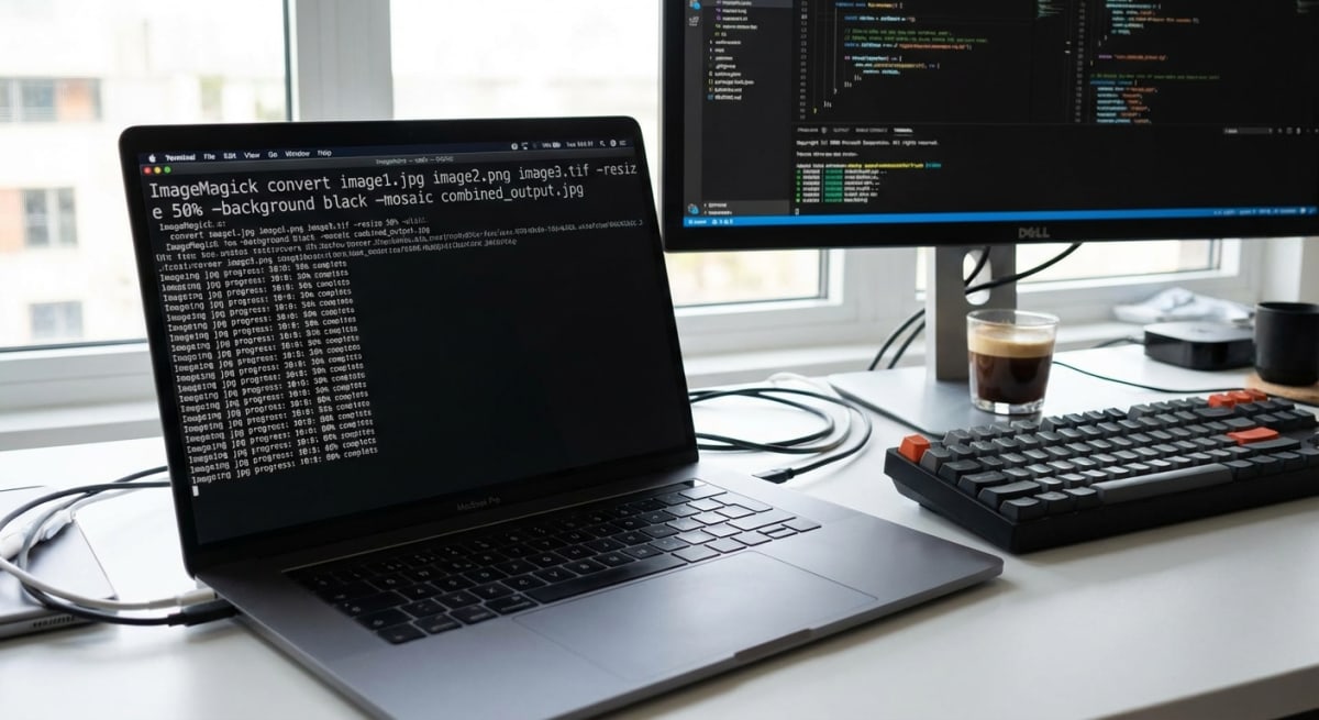 Terminal showing ImageMagick commands for combining screenshots