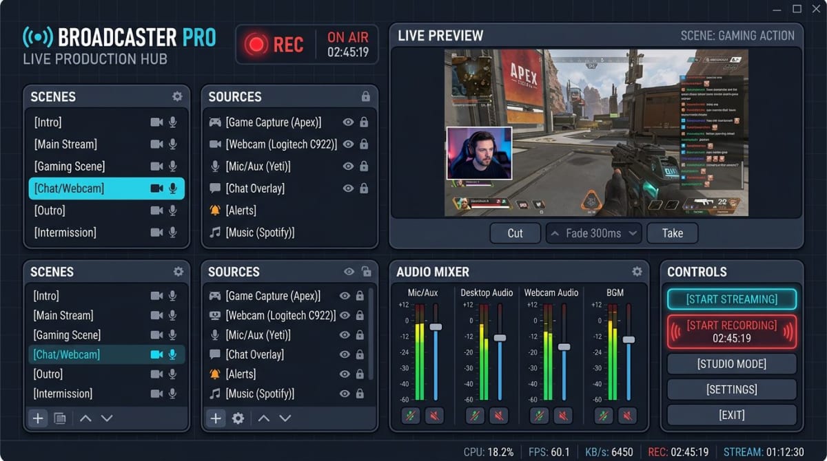 OBS Studio inspired dark dashboard with audio meters and panels