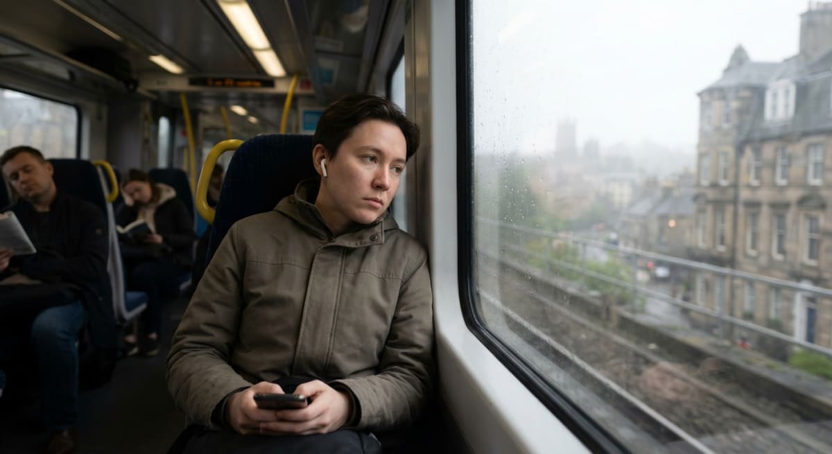 Person commuting while listening to audio on phone