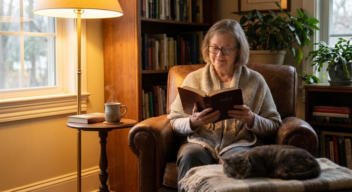 Person peacefully reading Bible in comfortable setting