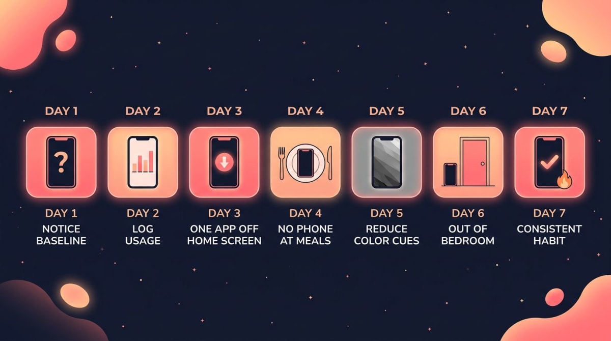 Screen time tracker 7-day awareness ramp infographic: day 1 notice baseline, day 2 log usage, day 3 one app off home screen, day 4 no phone at meals, day 5 reduce color cues with grayscale, day 6 phone out of bedroom, day 7 consistent habit