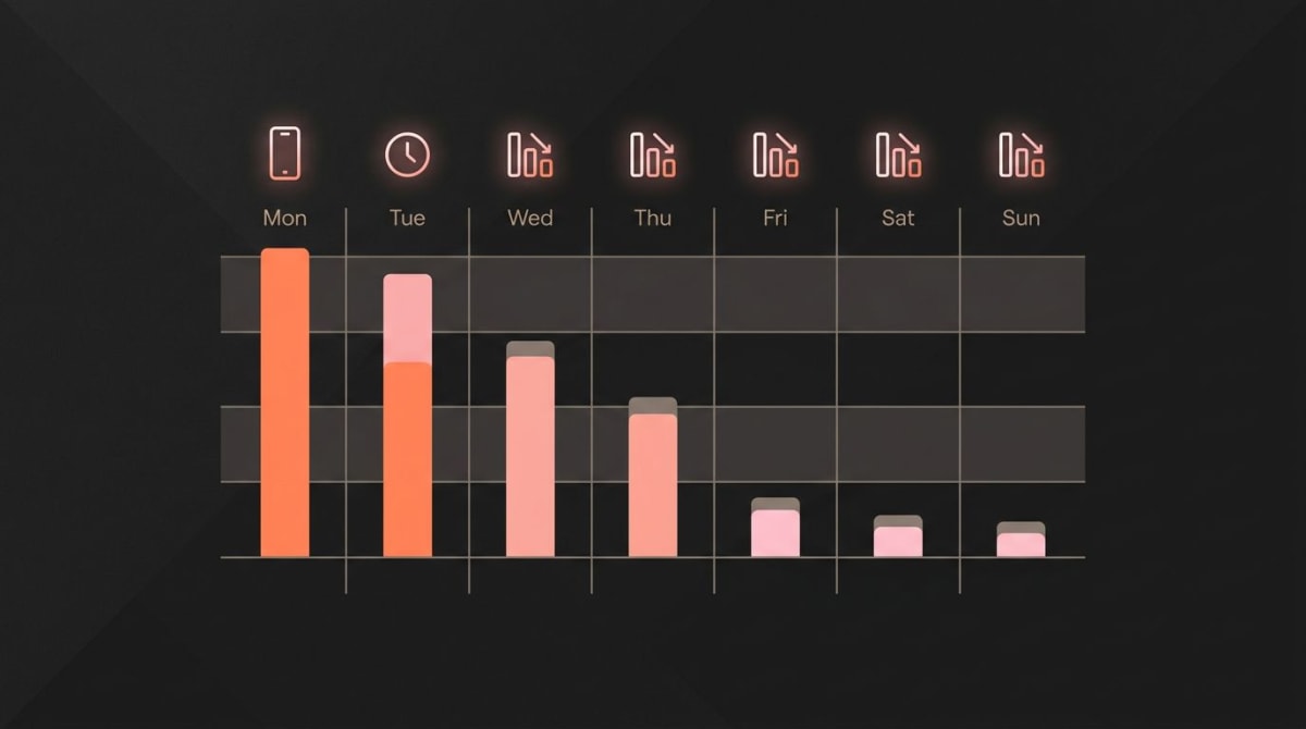 Weekly calendar showing screen time tracking and gradual habit shift