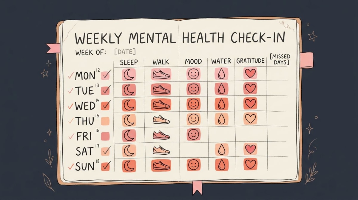 Mental health checklist on a paper journal page with seven days of icons and a few empty slots
