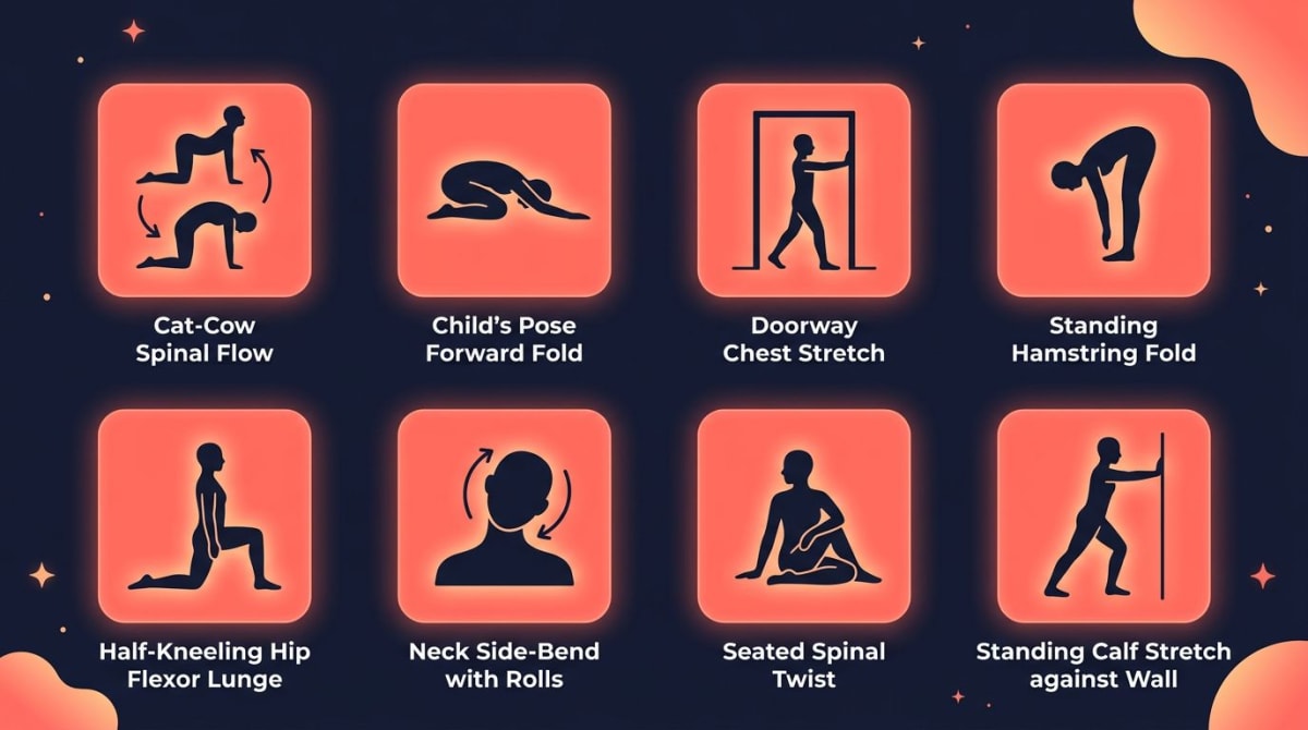 Stretching routine for beginners infographic: 8 beginner stretches in a 2x4 grid — cat-cow spinal flow, child's pose forward fold, doorway chest stretch, standing hamstring fold, half-kneeling hip flexor lunge, neck side-bend with rolls, seated spinal twist, standing calf stretch against wall