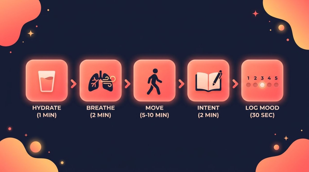 Self-care morning routine infographic: 5-step 20-minute habit stack — hydrate (1 min), breathe (2 min), move (5-10 min), set intent (2 min), log mood (30 sec) with anchor-cue arrows