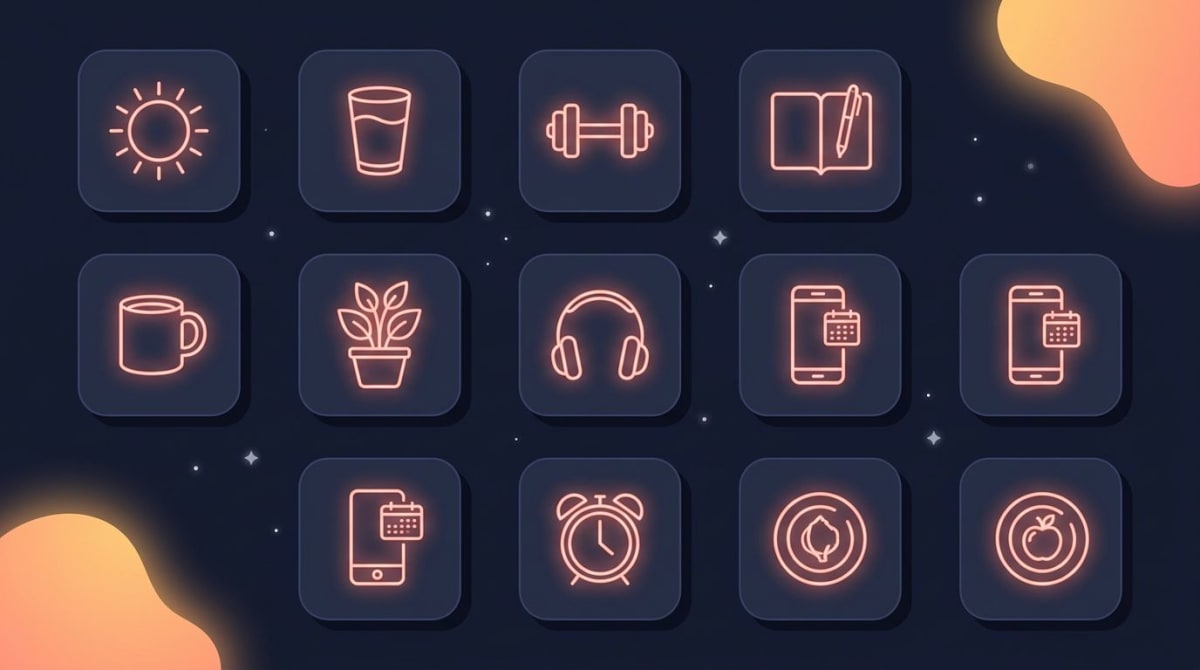 Glowing icon grid showing the 10 morning habits — sun, water glass, dumbbell, journal, coffee mug, plant, headphones, phone with habit calendar, alarm clock, plate with fruit — each in a rounded card with a coral halo on a dark navy background with star particles and amber gradient blob in the corner