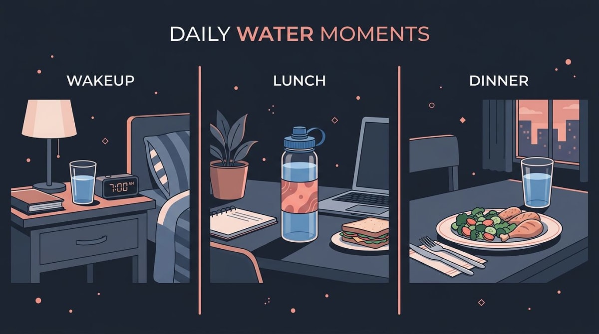 Three daily water anchors illustrated: wakeup, lunch, and dinner