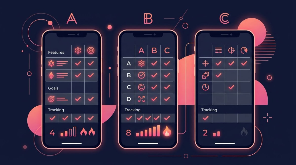 Side-by-side feature comparison of habit tracker apps with checkmarks and streak indicators