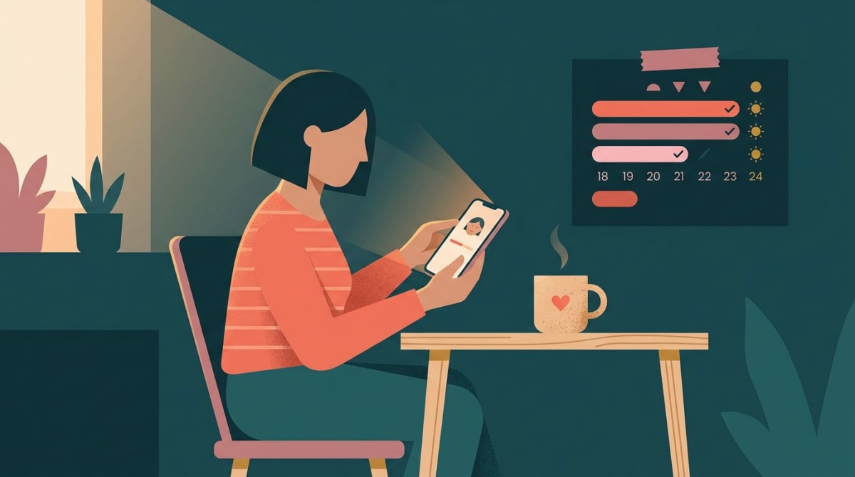 Person doing a 30-second mood check-in on their phone in a sunlit kitchen
