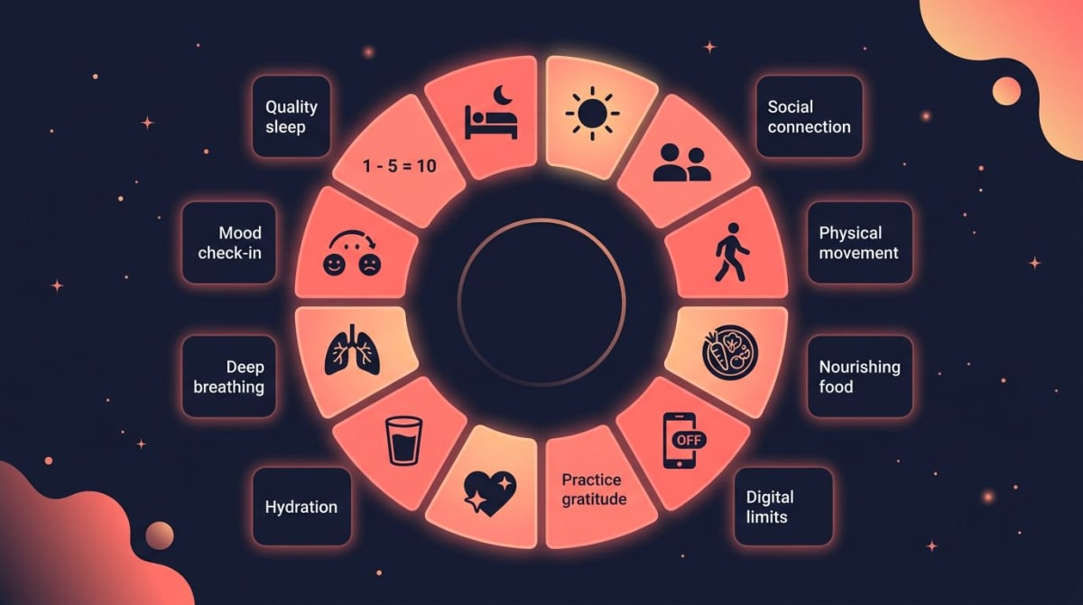 Mental health checklist infographic: a 10-segment circular wheel showing the daily check-in items — quality sleep, morning light, social connection, physical movement, nourishing food, digital limits, gratitude, hydration, deep breathing, mood check-in