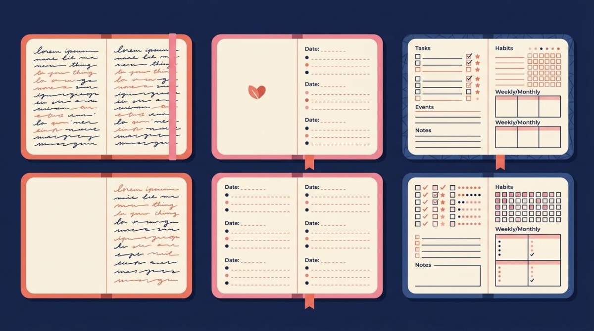 Three journaling formats compared — free-write, gratitude, and bullet log notebooks side by side for how to start journaling