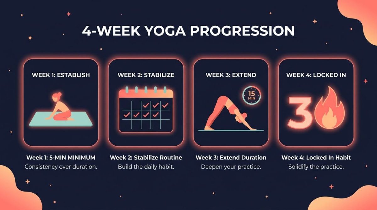 30-day yoga challenge 4-week progression infographic: week 1 establish a 5-minute minimum, week 2 stabilize with daily checkmarks, week 3 extend duration, week 4 locked-in 30-day streak