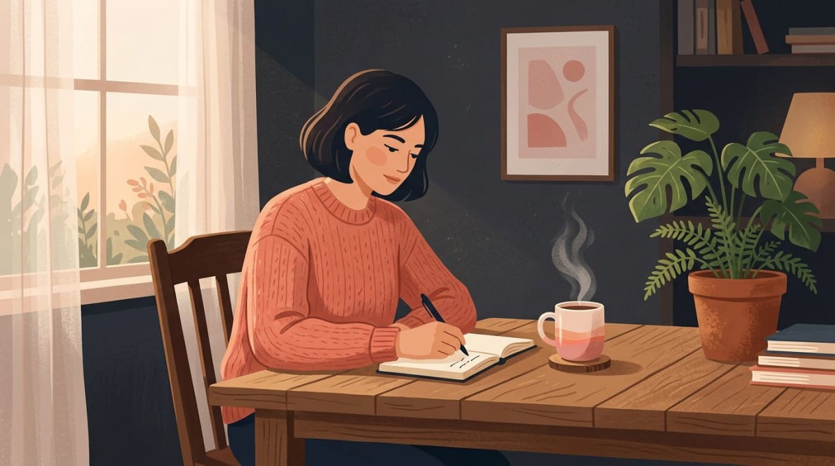 Person at a wooden desk in soft morning light writing in a journal next to a steaming mug