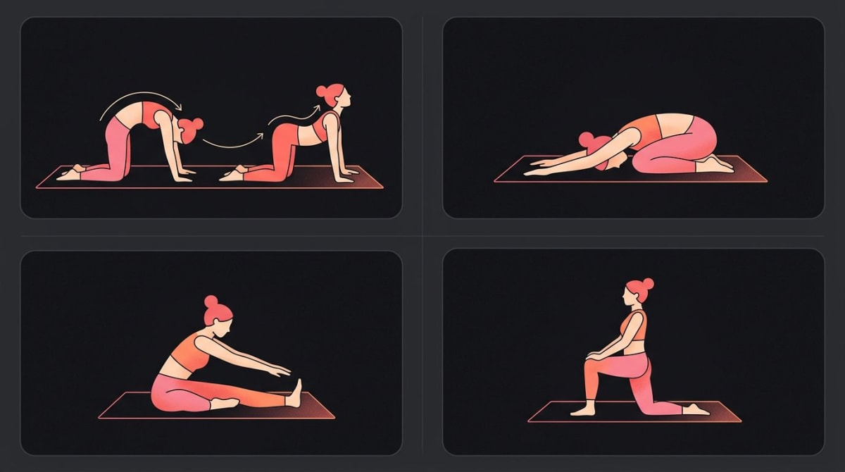 Eight beginner stretches illustrated as small figures