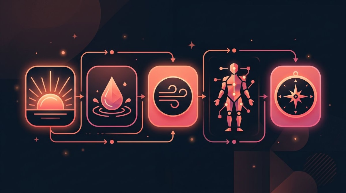 Five-step anxiety morning routine habit stack diagram showing light, water, breath, body scan, and intent in flow on a dark background