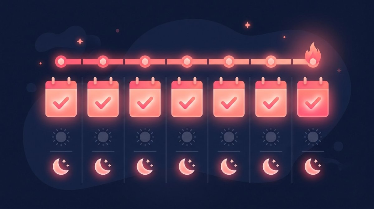 Weekly seven-day streak grid with evening checkmarks glowing in pink coral on a dark background