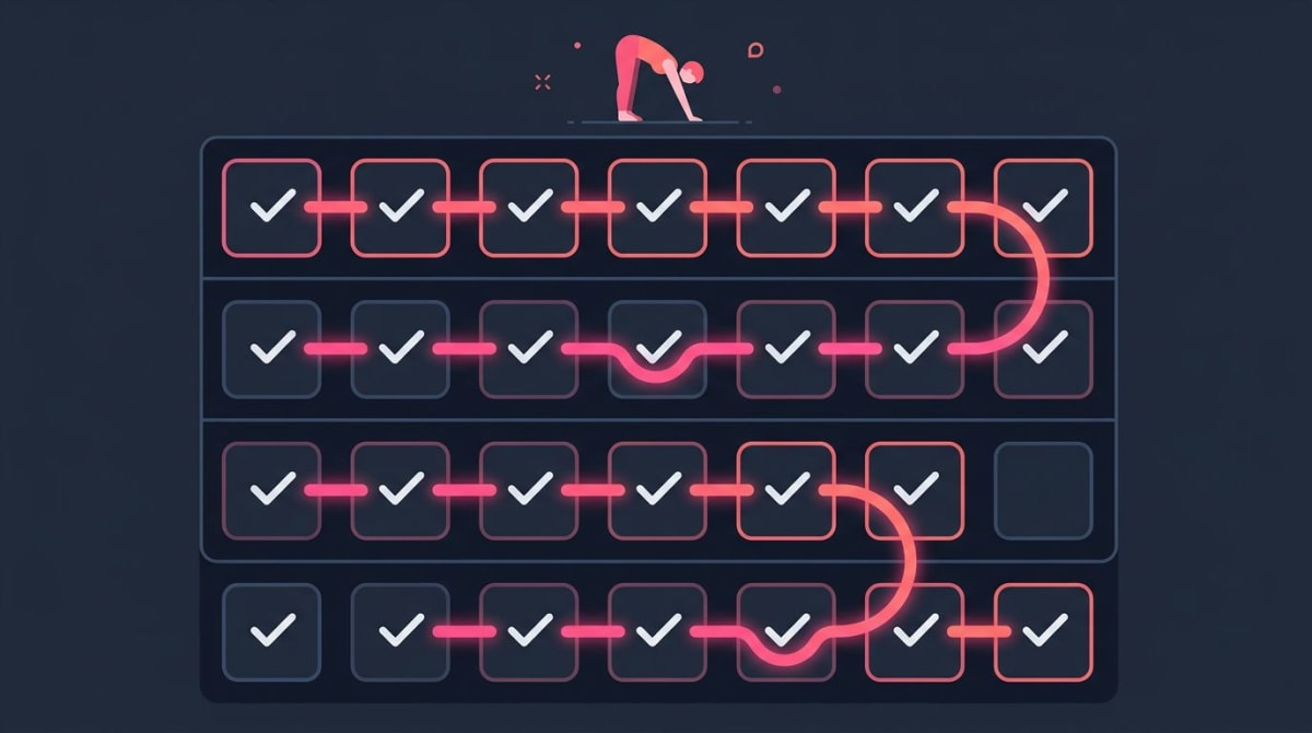 A 4-week stretching habit calendar with checkmark streak markers