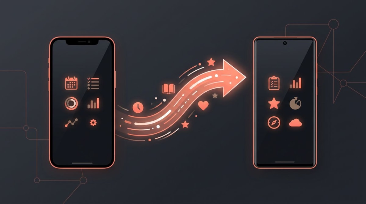 iPhone and Android phone side by side showing a habit migration between platforms