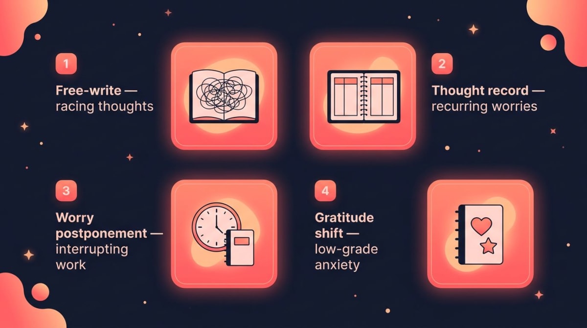 Anxiety journal formats infographic: 4 anxiety journal formats in a 2x2 grid — free-write for racing thoughts, thought record for recurring worries, worry postponement for interrupting work, gratitude shift for low-grade anxiety
