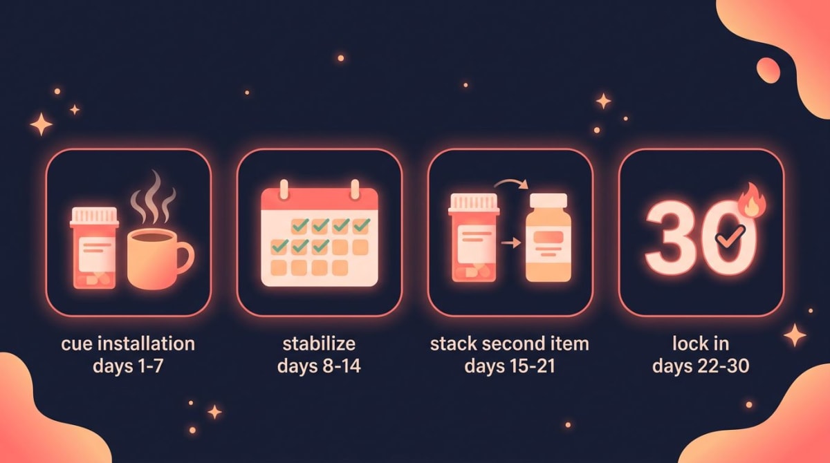 Supplement tracker app 30-day starter plan infographic — four phases from installing the cue through stacking a second supplement to a locked-in streak