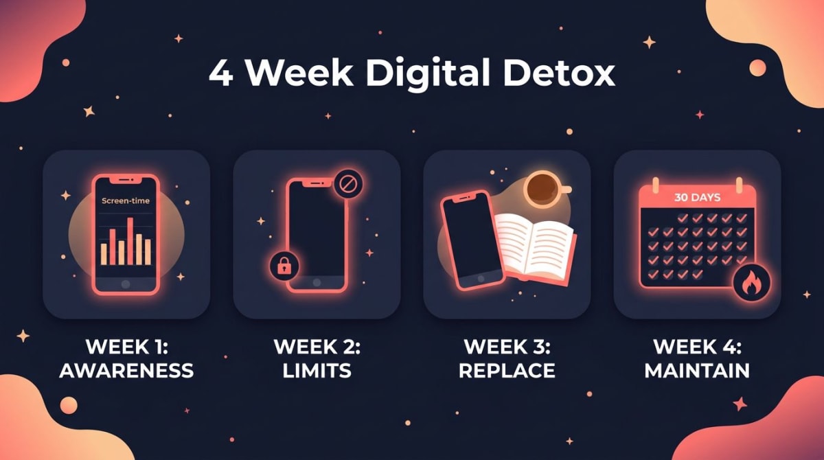 Digital detox challenge infographic: 4-week progression — week 1 awareness with screen-time graph, week 2 limits with locked phone, week 3 replace phone with book and coffee, week 4 maintain with 30-day calendar locked in