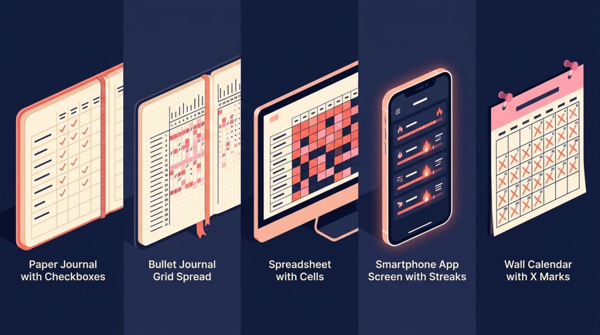 Five habit tracking methods compared side by side: paper journal, bullet journal, spreadsheet, app, calendar
