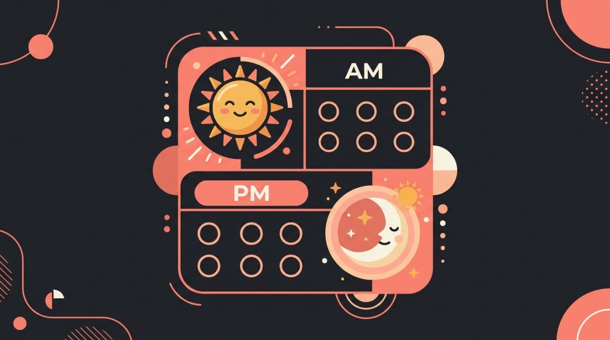 Dual sleep hygiene checklist split into AM and PM with sun and moon icons and twelve tracker dots
