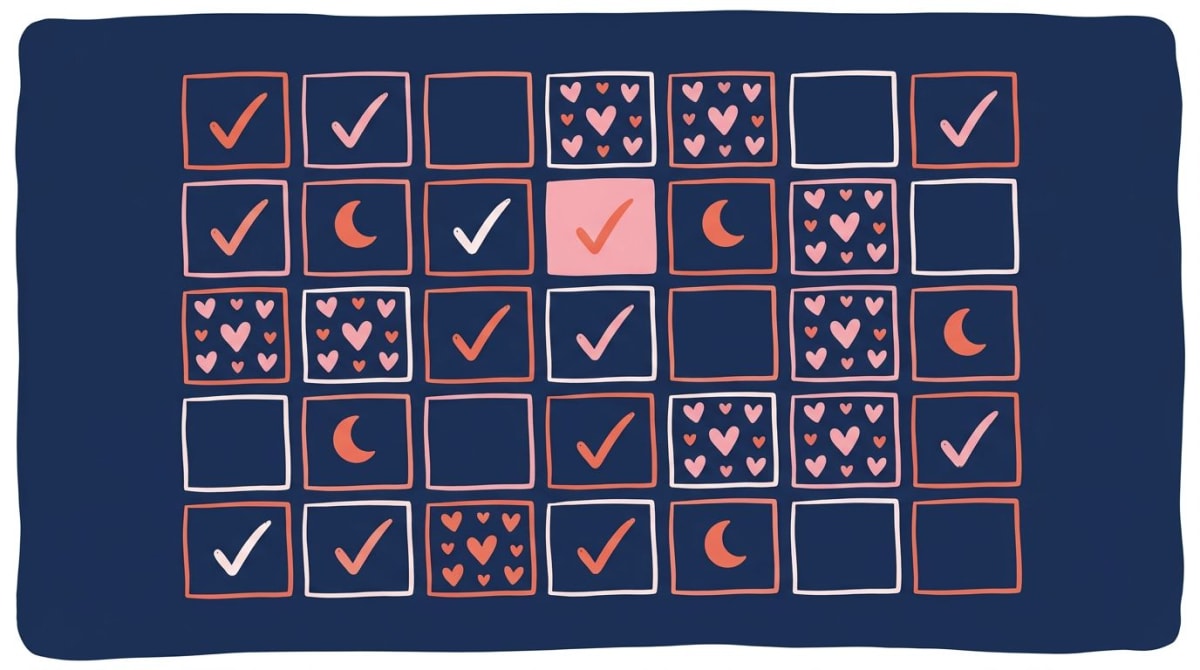 Mental health checklist 30-day calendar with realistic mix of completed checkmarks and a few empty days