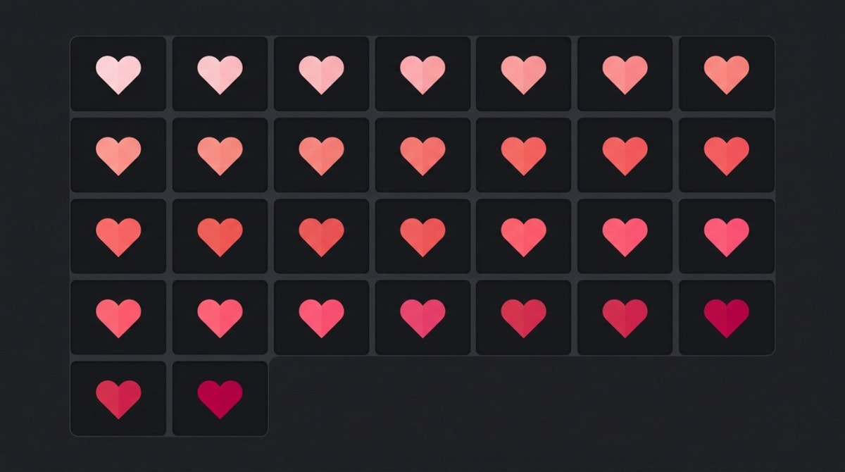 Calendar grid with thirty squares filled with small heart icons in warm pinks and corals