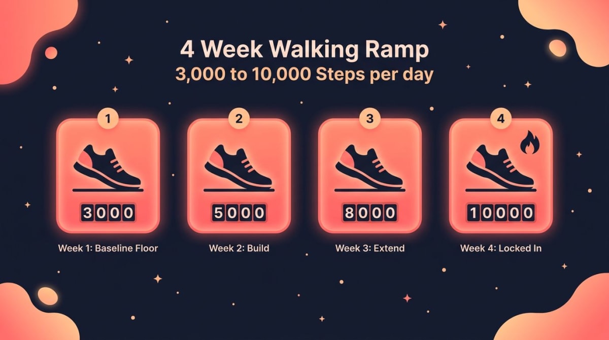 Walking 10,000 steps a day infographic: 4-week ramp from a 3,000-step floor to 10,000 — week 1 baseline floor, week 2 build to 5,000, week 3 extend to 8,000, week 4 locked in at 10,000