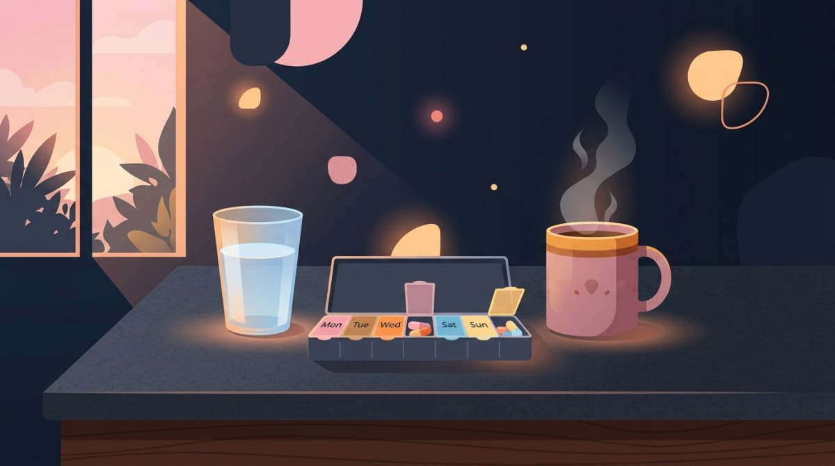 Glass of water and pill organizer on a kitchen counter — supplement morning routine