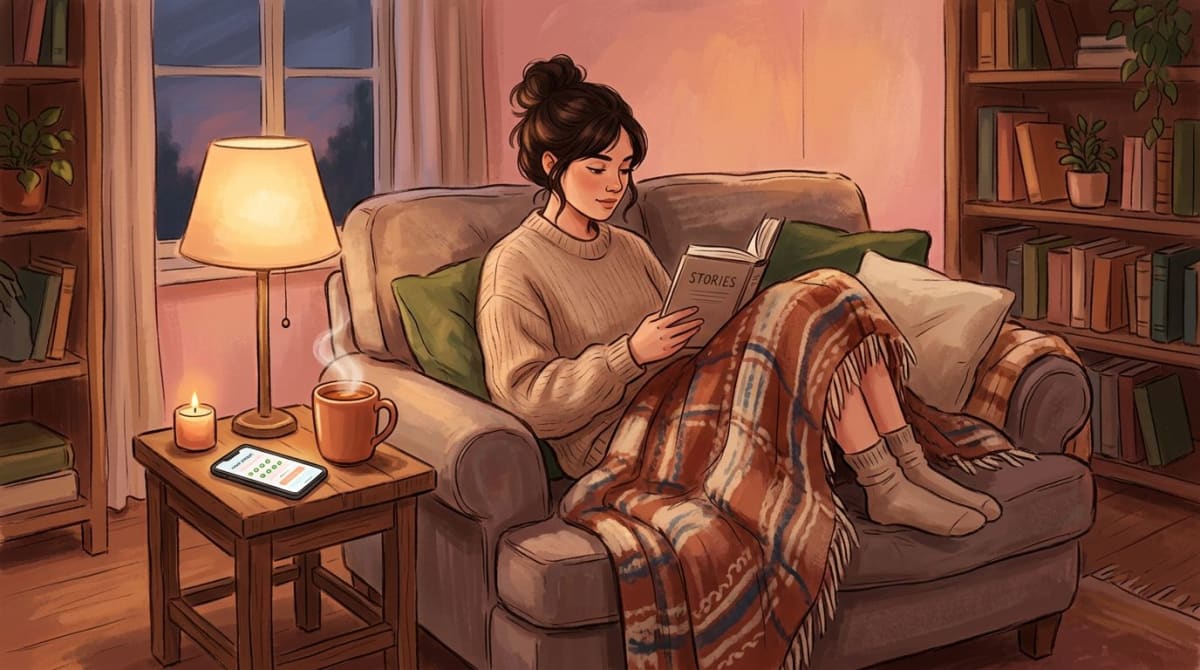 Cozy reading nook with a daily reading tracker app on the side table