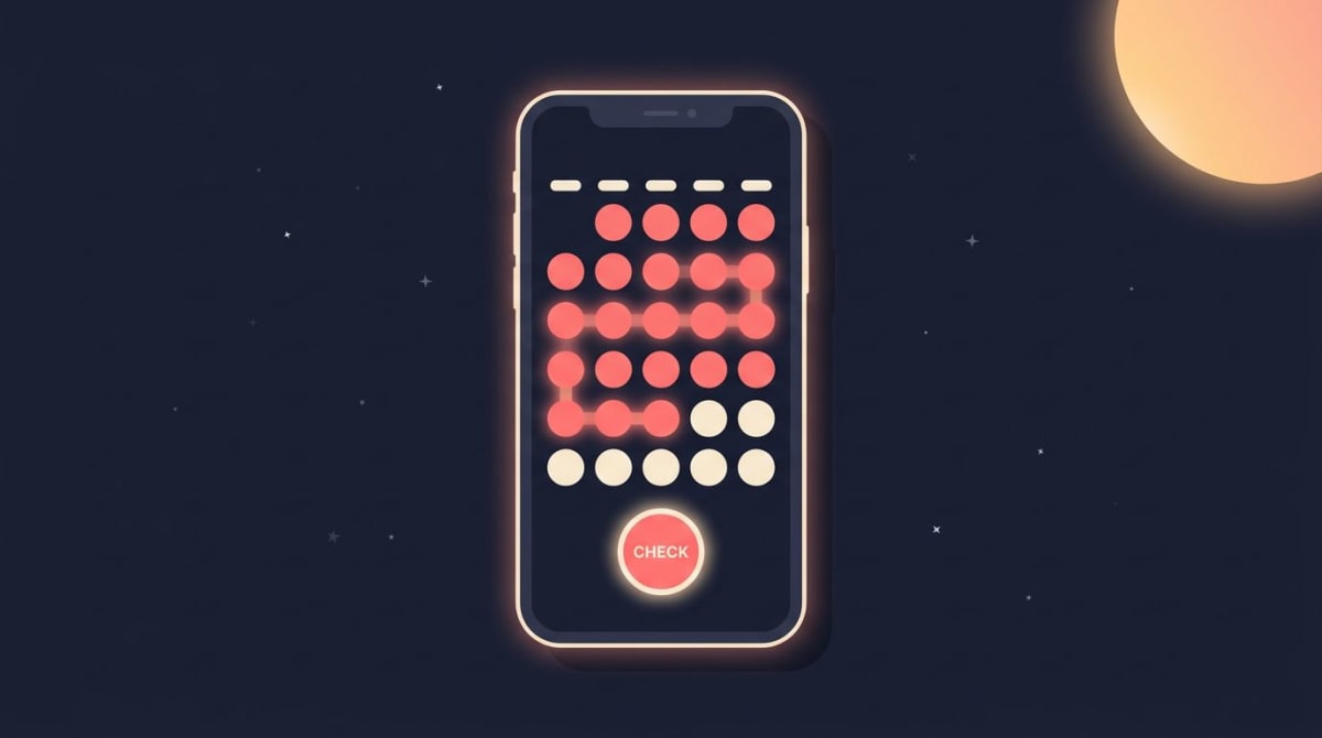 Habit tracker streak visualization — a phone screen showing a calendar grid of coral pink filled circles forming a glowing streak chain, with today's CHECK button highlighted at the bottom, on a dark navy background with stars and amber glow