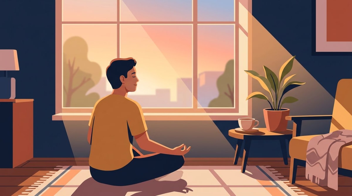 Person sitting at a sunlit morning window practicing slow box breathing, peaceful and calm posture, anxiety morning routine