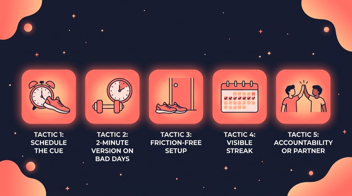 How to make exercise a habit infographic: 5 tactics that beat motivation — schedule the cue, 2-minute version on bad days, friction-free setup, visible streak, accountability or partner