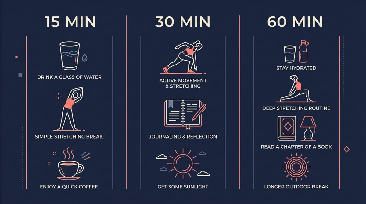 Four morning routine variants for women shown as columns of stacked habit-anchor icons — different combinations of water, sun, journal, mug, moon, and movement icons for each life stage, on a dark navy background with coral accents