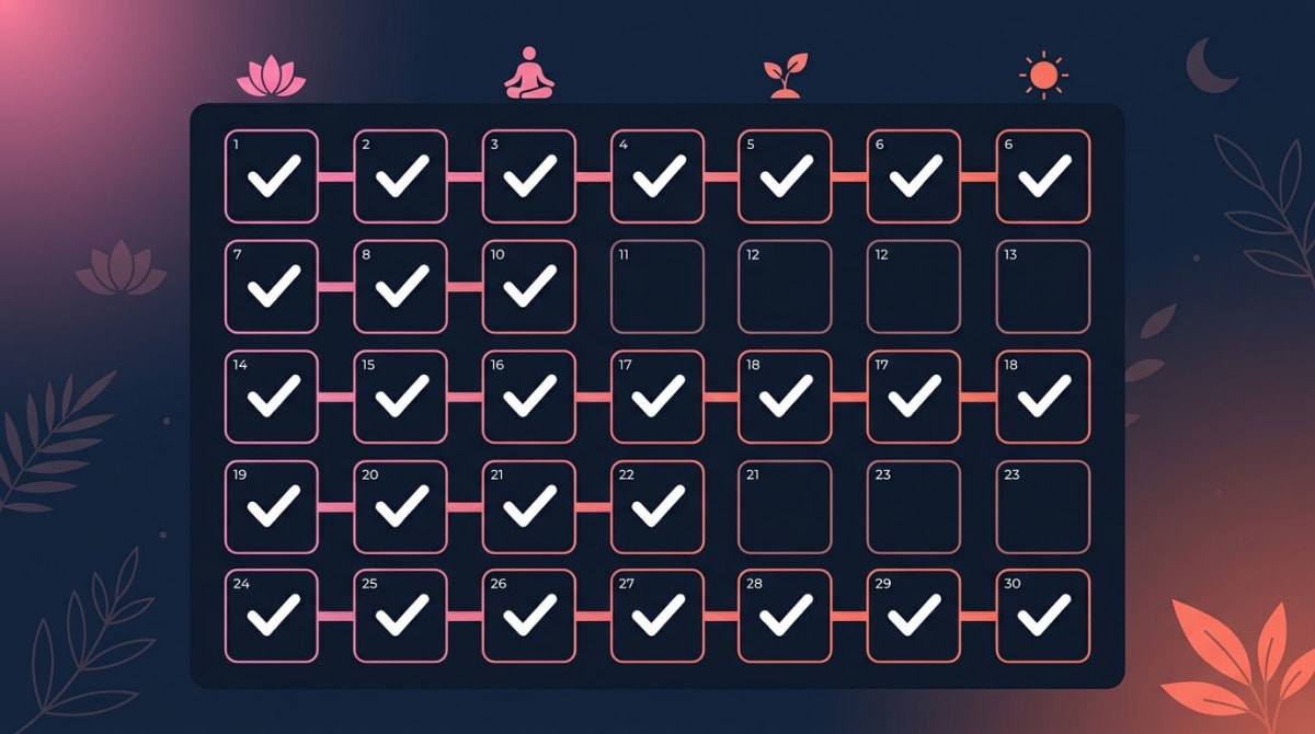 30-day mindfulness habit tracker calendar with streak checkmarks on dark navy background