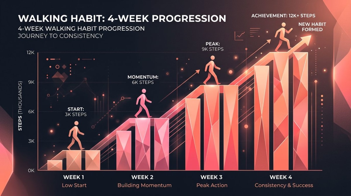 Abstract chart showing a 4-week walking 10000 steps a day ramp from 5500 to 10000 step targets