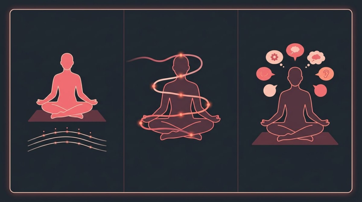 Three beginner meditation techniques compared — breath counting, body scan, and noting illustrated side by side