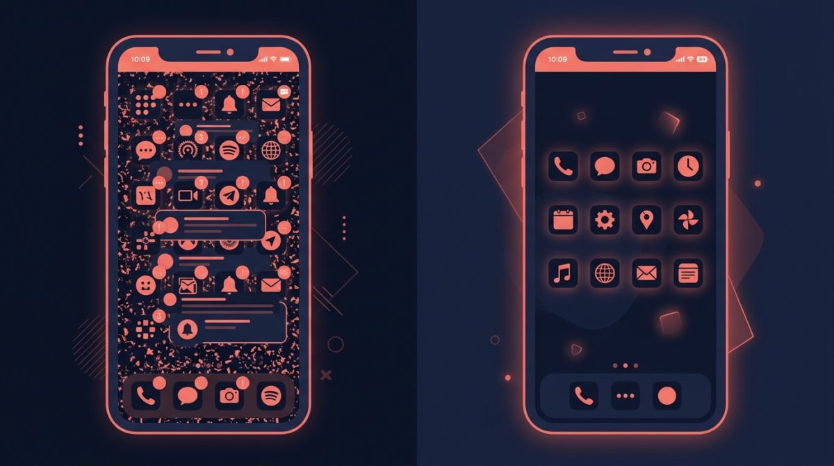 Phone home screen before and after a digital detox showing reduced apps and notifications