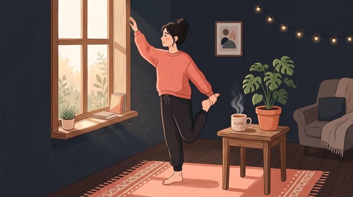 Five-minute self-care habit — stretching by a sunlit window with a houseplant and a warm mug