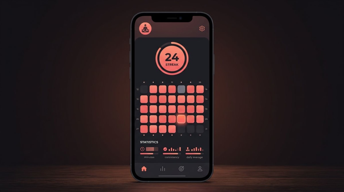 Meditation habit tracker on a phone showing a calendar heatmap with one missed day and the streak continuing